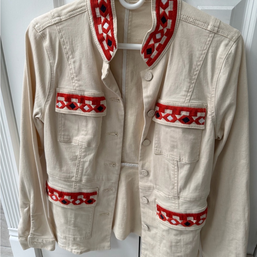 Tory Burch Cream Utility Jacket with Red Embroidery